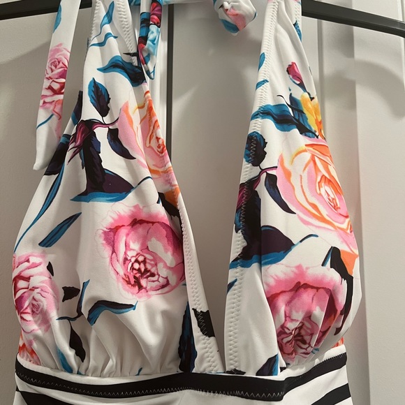 Bold Floral and Stripe Plus Size Halter One Piece Swimsuit - Picture 2 of 7